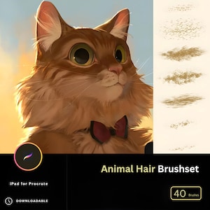 Juego de más de 40 pinceles de pelo para Procreate, pinceles de pelo de animales para Procreate, gatitos, ositos de peluche, gatos y animales peludos. Ilustración animada