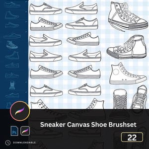 Può includere: Una collezione di 22 illustrazioni di scarpe da ginnastica in bianco e nero, con vari stili, tra cui modelli alti e slip-on. I disegni sono disposti su uno sfondo a scacchi, con il testo "Sneaker Canvas Shoe Brushset" in basso.