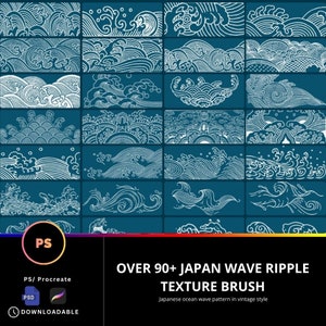 Könnte beinhalten: Über 90 japanische Wellen-Ripple-Texturbürsten für Procreate und Photoshop. Die Pinsel sind im Vintage-Stil gehalten und bieten eine Vielzahl von Wellenmustern.