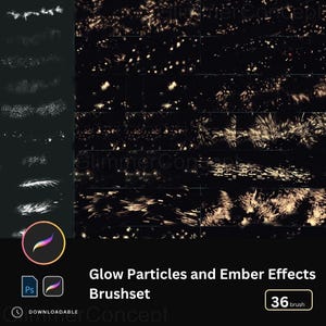 Puede incluir: Un conjunto de pinceles de arte digital con efectos de partículas brillantes y brasas. La imagen muestra ejemplos de trazos de pincel en blanco y dorado sobre un fondo negro. El texto dice "Glow Particles and Ember Effects Brushset" y "36 brush".