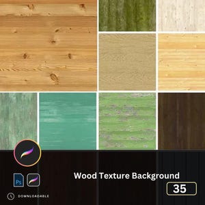 Pode incluir: Uma colagem digital de 10 texturas de madeira diferentes. As texturas incluem madeira clara e escura, bem como madeira com uma sobreposição de tinta verde. O texto "Wood Texture Background" está na parte inferior da imagem, e o número "35" está em uma caixa branca com um contorno preto.
