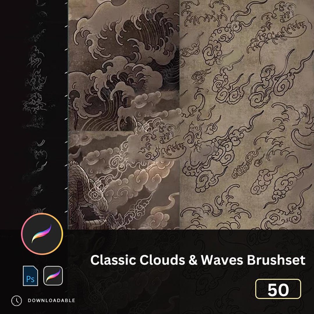Classic Japanese Clouds Waves Procreate & PS Brushset, Traditional ...