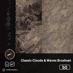 Puede incluir: Conjunto de pinceles digitales con diseños clásicos de nubes y olas. La imagen muestra varios patrones de nubes y olas en tonos grises y marrones, con una ilustración de un dragón. Se muestra el texto "Classic Clouds & Waves Brushset", junto con el número "50".
