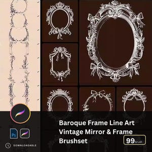 Könnte beinhalten: Ein digitales Pinselset mit Barockrahmen-Linienkunst und Vintage-Spiegel-Designs. Das Bild zeigt verschiedene verzierte Rahmenstile in Weiß vor einem braunen Hintergrund, mit dem Text "Baroque Frame Line Art Vintage Mirror & Frame Brushset".