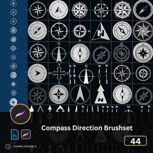 May include: A collection of 44 compass direction brushes in a variety of designs. The brushes are silver on a black background. The image includes the text "Compass Direction Brushset" and the logos for Procreate and Photoshop.