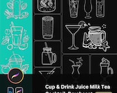 Drink Cup Procreate Photoshop Brushes, Beverage Lineart Brush Set for Juice, Coffee, Tea, Beer, Cocktail, Mojito & Hand Drawn Illustration