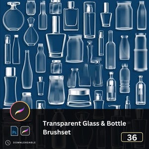 May include: A collection of 36 transparent glass bottles and jars of various shapes and sizes, set against a dark blue background. The image includes perfume bottles, jars, and spray bottles. The text "Transparent Glass & Bottle Brushset" is displayed.