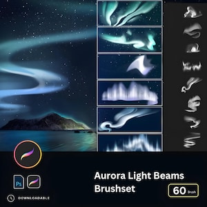 May include: A set of 60 Photoshop brushes featuring aurora light beams in various shapes and sizes. The brushes are designed to create realistic and ethereal effects for digital art and design.