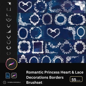 55 Romantiska Sagokanter Procreate Brush PS Brush Prinsessstil Hjärta Blomma Europeisk Spets Dekorativ Ram Digital Konstpenselset