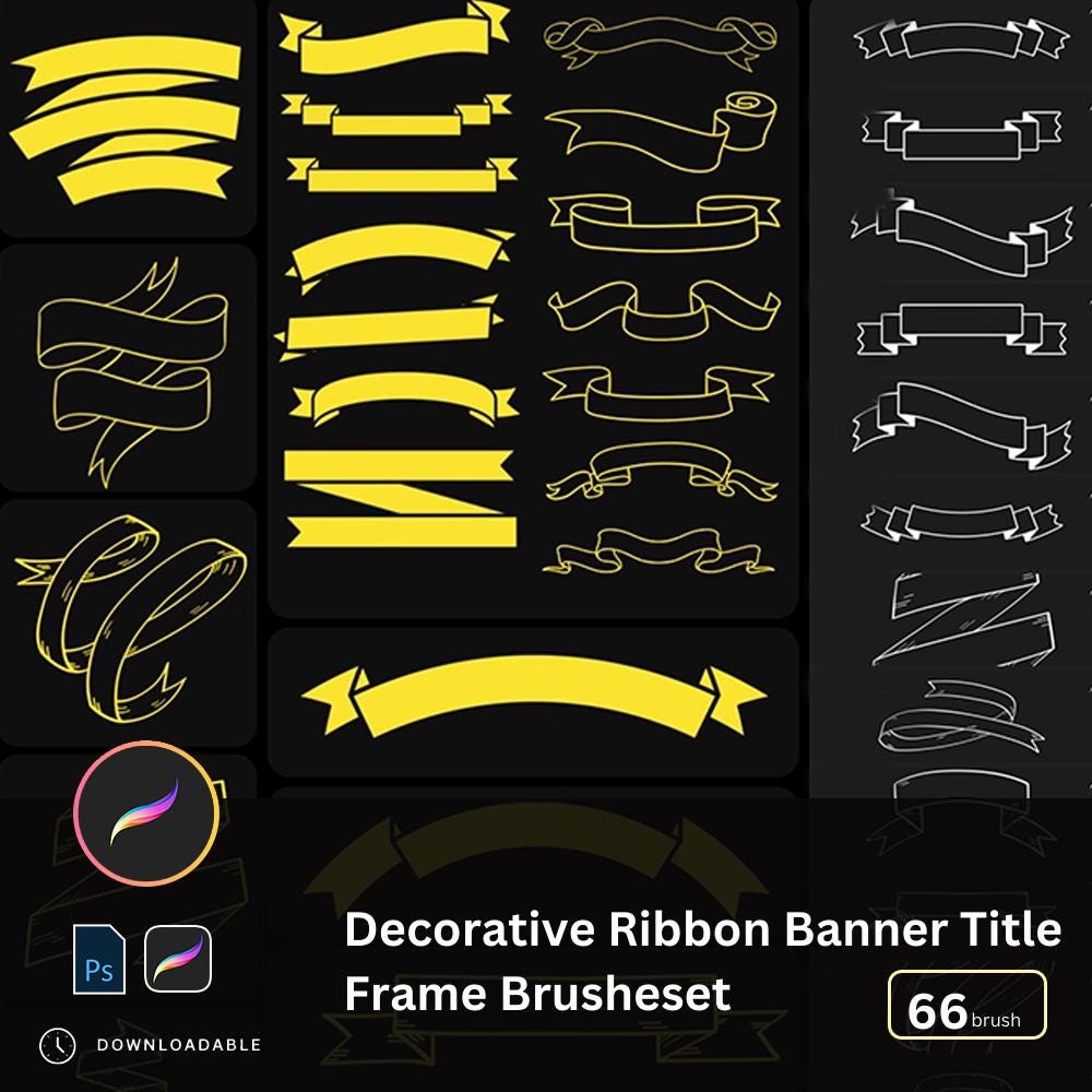 Text Ribbon Photoshop Ribbon Banner Frame Procreate Photoshop Brushes, Decorative Title Box ...