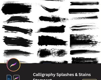 Calligraphy and Ink Art Procreate and PS Stampset Authentic Brush Strokes, Ink Splatter Effects, Stamps, Ink Blots, and Dynamic Sumi-e Style