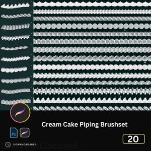Puede incluir: Ilustración digital que muestra un conjunto de pinceles para decorar pasteles con crema. La imagen muestra varios diseños de glaseado blanco sobre un fondo oscuro. El texto "Cream Cake Piping Brushset" es visible, junto con el número "20".