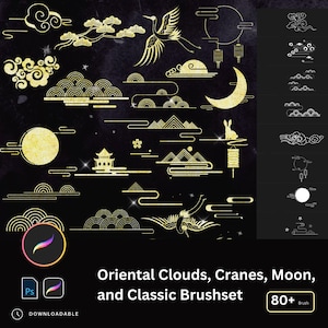 May include: A set of 80+ gold and white oriental-style brushstrokes, clouds, cranes, and moons. The brushstrokes are in a classic style and are perfect for adding a touch of elegance to your designs.