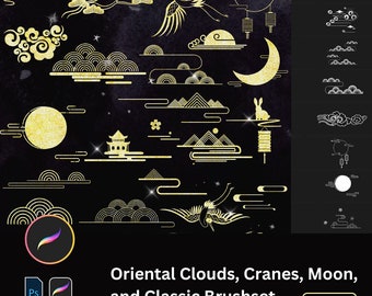 May include: A set of 80+ gold and white oriental-style brushstrokes, clouds, cranes, and moons. The brushstrokes are in a classic style and are perfect for adding a touch of elegance to your designs.
