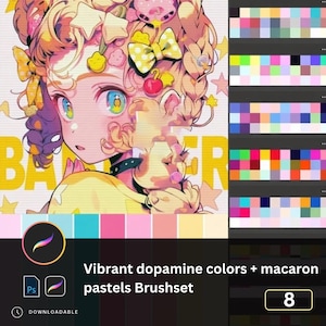 Può includere: Illustrazione digitale di un personaggio in stile anime con occhi luminosi e accessori per capelli. L'immagine include una tavolozza di colori pastello e il testo "Vibrant dopamine colors + macaron pastels Brushset".
