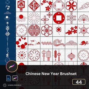 Puede incluir: Una cuadrícula de pinceladas e iconos rojos con temática del Año Nuevo Chino sobre un fondo blanco. Las palabras "Chinese New Year Brushset" se muestran debajo, junto con el número "44".