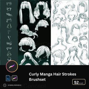 May include: A digital art brushset featuring various curly manga hair strokes. The image showcases multiple hairstyles, including long, short, and braided styles, all rendered in a detailed, line-art style. The text on the image reads "Curly Manga Hair Strokes Brushset".