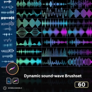Op de afbeelding: Een digitale kunstafbeelding met 60 dynamische geluidsgolf-penselen in verschillende kleuren, waaronder teal, paars en groen, tegen een zwarte achtergrond. De afbeelding bevat de tekst "Dynamic sound-wave Brushset" en pictogrammen voor Procreate en Photoshop.