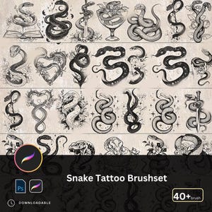 Può includere: Una collezione di disegni di tatuaggi di serpenti in bianco e nero. I disegni includono serpenti avvolti attorno a oggetti come una spada, un cuore e un libro. Le parole "Snake Tattoo Brushset" sono visualizzate in basso, insieme al numero "40+" e alla parola "brush".