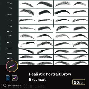 May include: A digital art product showcasing a collection of 50 realistic portrait brow brushes. The image displays various eyebrow styles in a grid format, with a Procreate and Photoshop icon, and the text "Realistic Portrait Brow Brushset".