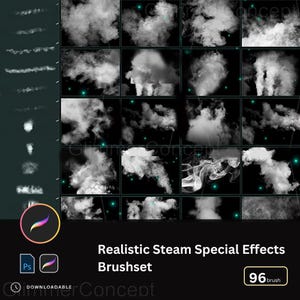 Puede incluir: Un conjunto de pinceles de arte digital con efectos especiales de vapor realistas. La imagen muestra varios trazos de pincel de nubes y vapor, con un total de 96 pinceles. El texto dice "Realistic Steam Special Effects Brushset" y "Downloadable".