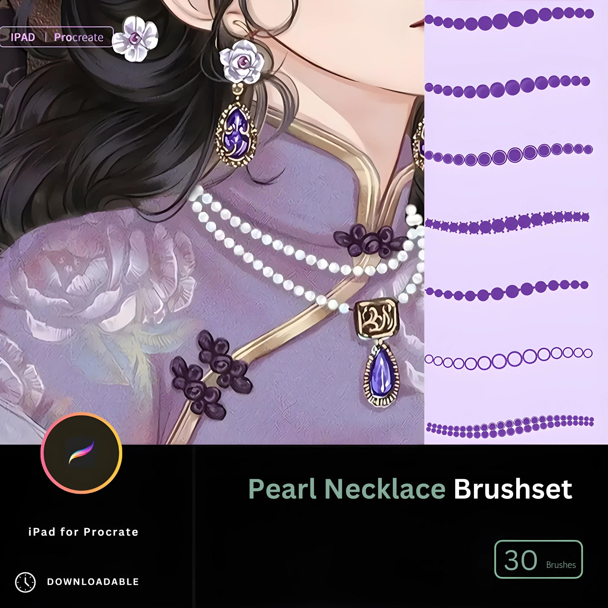 30 pinceles de Procreate animados de perlas y cadenas – Joyería, collar, pulsera, string brushset