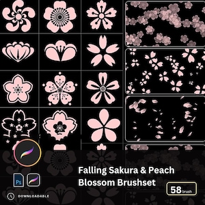 Może przedstawiać: Zestaw pędzli do sztuki cyfrowej z różnymi wzorami kwiatów wiśni na czarnym tle. Zestaw zawiera różne style kwiatów i opadające płatki, z tekstem "Falling Sakura & Peach Blossom Brushset".