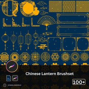 May include: A collection of gold-colored Chinese lantern and decorative design elements on a dark blue background. Includes lanterns, frames, clouds, and patterns. The text "Chinese Lantern Brushset" is displayed below the Procreate and Photoshop icons.