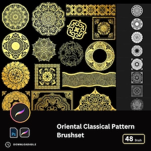 48 Chinese Auspicious Pattern Procreate & Photoshop Brushes | Ornamental Design Brushes for iPad Illustrations Japanese Pattern