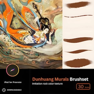 Op de afbeelding: Een digitale penseelset voor de iPad-app Procreate, met 30 penseelstreken geïnspireerd door de Dunhuang-muurschilderingen. De penseelset is ontworpen om de textuur van rotskleur na te bootsen. De afbeelding toont een voorbeeld van een penseelstreek in de linkerbenedenhoek en een verscheidenheid aan penseelstreken in bruintinten aan de rechterkant van de afbeelding.