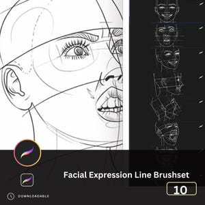 May include: A black and white line art illustration of a woman's face with different facial expressions. The image is a digital download of a brush set for drawing facial expressions.