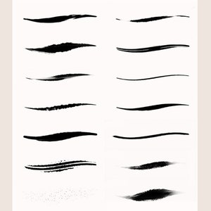 May include: A set of 12 black brush stroke divider lines, with a few lines having a slight curve. The lines are on a white background.