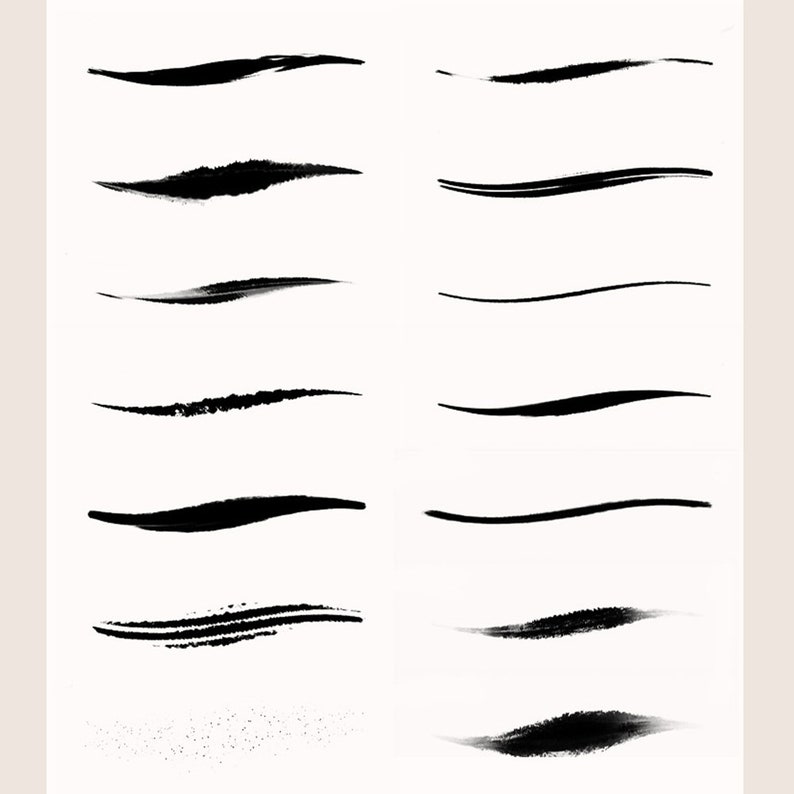 May include: A set of 12 black brush stroke divider lines, with a few lines having a slight curve. The lines are on a white background.