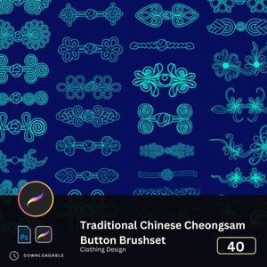 May include: A set of 40 traditional Chinese cheongsam button brush designs. The designs are in a blue and white color scheme and are perfect for creating unique and stylish clothing.