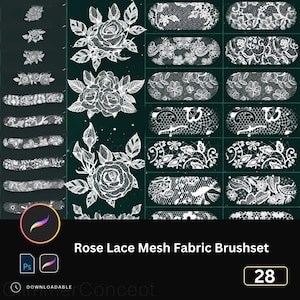May include: A digital art set featuring white rose and lace mesh fabric brushes. The image includes various brush designs, including floral patterns and lace textures. The text "Rose Lace Mesh Fabric Brushset" is displayed.