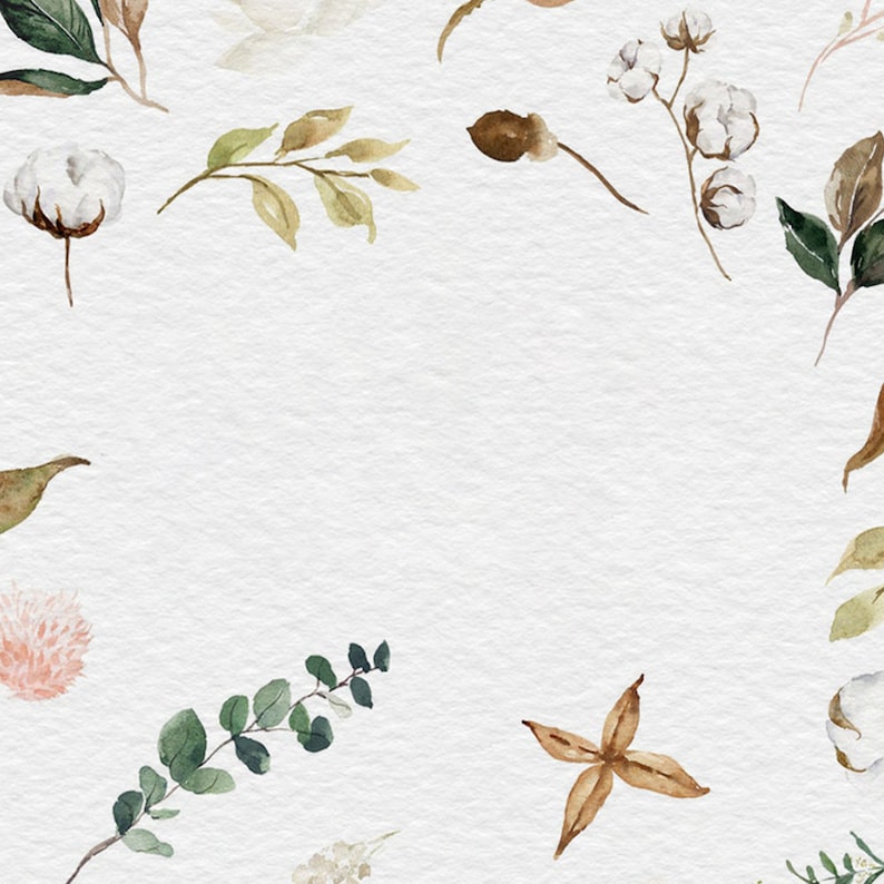 Op de afbeelding: Een witte achtergrond met een rand van aquarel botanische illustraties. De rand bevat katoenbloemen, bladeren en takken in tinten groen, bruin en wit.