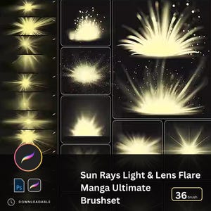 以下が含まれることがあります： デジタルアートブラシセット。黄色と白の色合いで、さまざまな太陽光線とレンズフレア効果が特徴です。「Sun Rays Light & Lens Flare Manga Ultimate Brushset」のテキストとPhotoshopとProcreateのアイコンが含まれています。