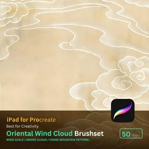 May include: A digital illustration of a set of 50 Procreate brushes for iPad. The brushes are designed to create oriental wind cloud patterns. The image features a light brown background with white cloud patterns. The text "iPad for Procreate" and "Oriental Wind Cloud Brushset" is displayed in green and white text. The text "50 Brushes" is displayed in white text on a red background.