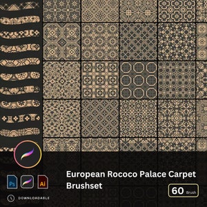 May include: A set of 60 digital brushes featuring intricate European Rococo Palace Carpet designs. The brushes are available in Adobe Photoshop and Illustrator formats. The image shows a collection of 20 different brush patterns, each with a unique design.