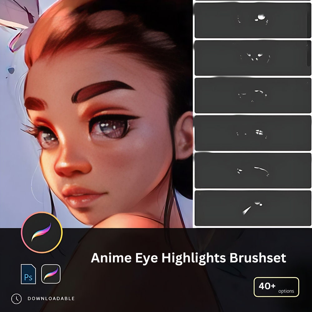 Más de 40 pinceles de brillo para ojos de anime en Procreate | Pack de reflejos y destellos para ojos manga