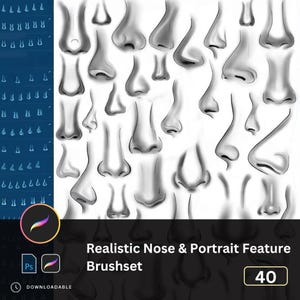 Könnte beinhalten: Ein digitaler Kunstdruck mit einer Sammlung von 40 realistischen Nasenillustrationen in verschiedenen Winkeln und Stilen. Das Bild enthält den Text "Realistic Nose & Portrait Feature Brushset" und Symbole für Procreate und Photoshop.