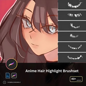 Mais de 40 pincéis para mechas de cabelo de anime | Pincéis com brilho refletivo para Procreate - Pacote de pincéis para mechas de cabelo de anime e mangá