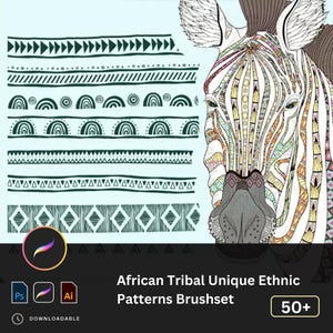 Puede incluir: Un conjunto de más de 50 pinceles de patrones étnicos tribales africanos únicos para arte digital. La imagen muestra una cebra con un patrón tribal colorido y una variedad de patrones tribales en blanco y negro.