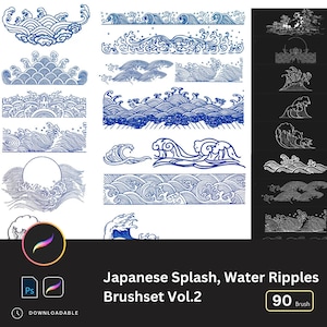 Op de afbeelding: Een set van 90 Japanse stijl golfpenseel voor digitale kunst. De penseel zijn blauw en wit en hebben verschillende golfpatronen, waaronder brekende golven, rimpels en gestileerde golven. De penseel zijn perfect voor het maken van traditionele Japanse kunst, evenals moderne ontwerpen.
