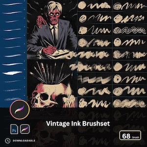 Puede incluir: Conjunto de pinceles de arte digital con un estilo de tinta vintage. La imagen presenta una ilustración estilizada de una figura con traje, una calavera y muestras de trazos de pincel. El texto dice "Vintage Ink Brushset" y "68 brush". La imagen también incluye los logotipos de Procreate y Photoshop.