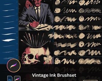 68 pinceles de tinta vintage para Procreate y Photoshop: efectos de óxido desgastado, trazos de caligrafía envejecida, contornos grunge, herramienta de dibujo retro.