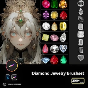 Könnte beinhalten: Ein digitales Pinselset für Adobe Photoshop mit über 200 Pinseln zum Thema Diamanten und Schmuck. Das Bild zeigt eine Vielzahl von bunten Edelstein- und Diamantformen, darunter Herzen, Ovale, Tropfen und Quadrate.