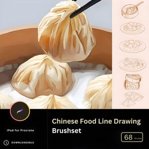 May include: A digital illustration of a set of 68 Chinese food line drawing brushes for Procreate. The image shows a close-up of steamed dumplings in a bamboo steamer, with chopsticks lifting one up. The illustration is in a line art style, with a brown and white colour scheme.