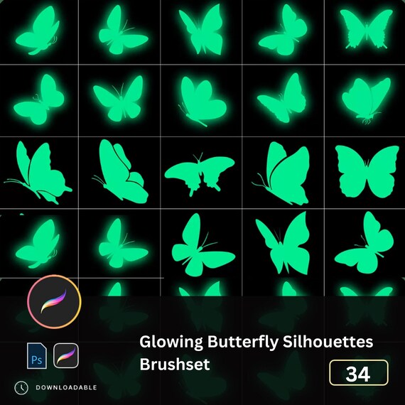 光る蝶 30種類以上の光る蝶のシルエット Procreate ブラシセット | 幻想