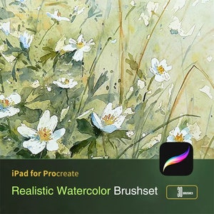 Op de afbeelding: iPad Procreate penseelset voor digitale kunst. Aquarel penseelset met 30 realistische penselen. De afbeelding toont een aquarel schilderij van witte bloemen in een veld.